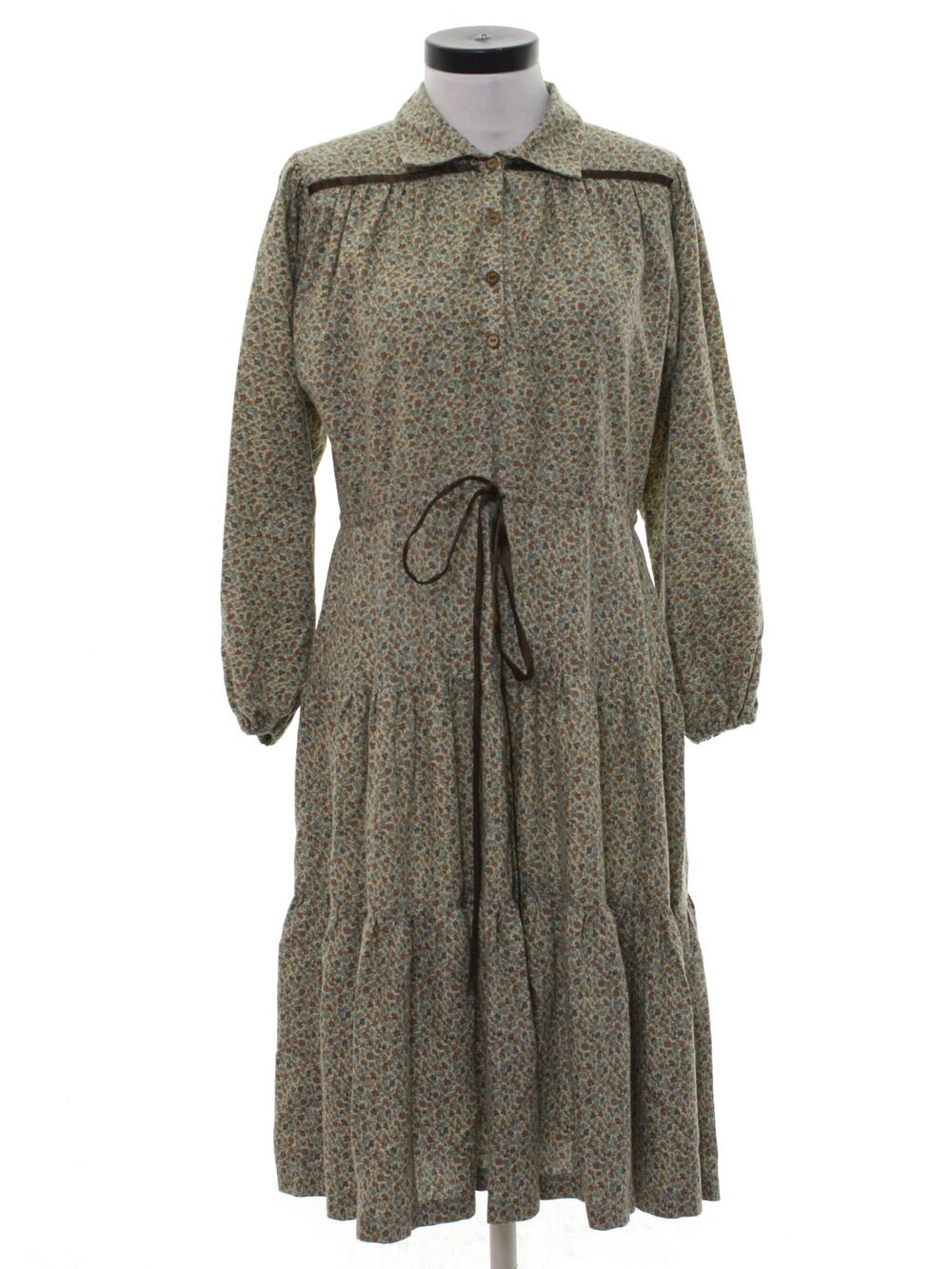 Vintage 70s Prairie Floral Cotton Midi Dress Brown Tie Waist Size Medium